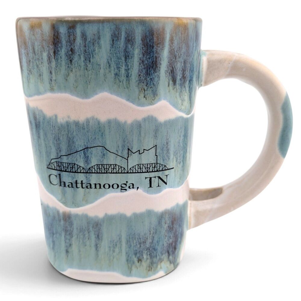 My Cafe Chattanooga TN Souvenir Mug Blue Drip Glaze Stoneware Coffee Cup